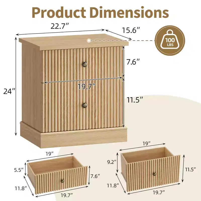 Comodino a 2 cassetti con scanalature in rovere chiaro, stile moderno di metà secolo, singolo
