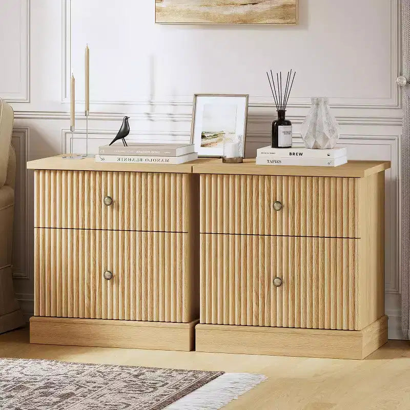 Comodino a 2 cassetti con scanalature in rovere chiaro, stile moderno di metà secolo, singolo