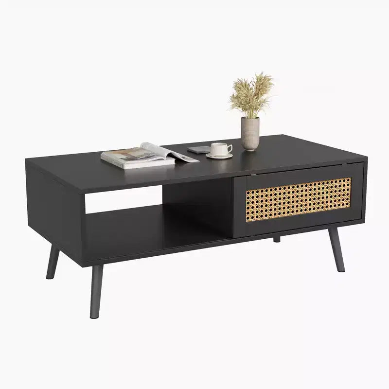 Tavolino da caffè in stile Boho beige/nero/bianco con anta scorrevole e ripiano aperto, montaggio da 1 persona
