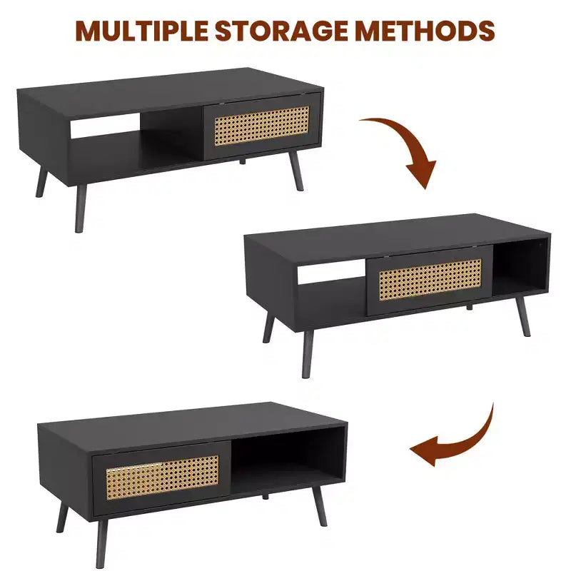 Tavolino da caffè in stile Boho beige/nero/bianco con anta scorrevole e ripiano aperto, montaggio da 1 persona