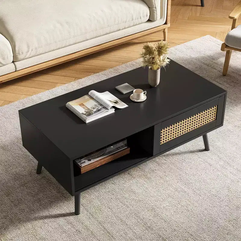 Tavolino da caffè in stile Boho beige/nero/bianco con anta scorrevole e ripiano aperto, montaggio da 1 persona