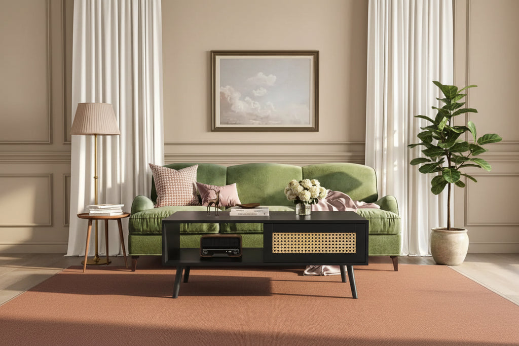 Tavolino da caffè in stile Boho beige/nero/bianco con anta scorrevole e ripiano aperto, montaggio da 1 persona