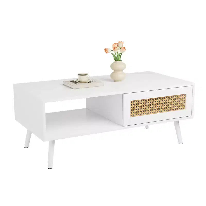 Tavolino da caffè in stile Boho beige/nero/bianco con anta scorrevole e ripiano aperto, montaggio da 1 persona