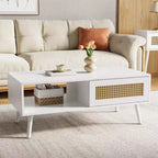 Tavolino da caffè in stile Boho beige/nero/bianco con anta scorrevole e ripiano aperto, montaggio da 1 persona