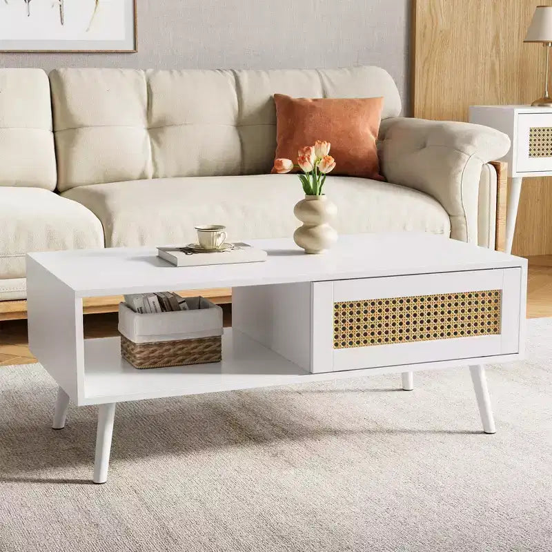 Tavolino da caffè in stile Boho beige/nero/bianco con anta scorrevole e ripiano aperto, montaggio da 1 persona