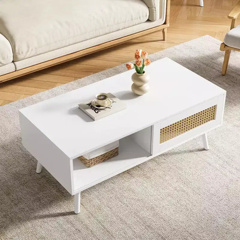Tavolino da caffè in stile Boho beige/nero/bianco con anta scorrevole e ripiano aperto, montaggio da 1 persona