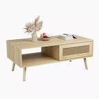 Tavolino da caffè in stile Boho beige/nero/bianco con anta scorrevole e ripiano aperto, montaggio da 1 persona