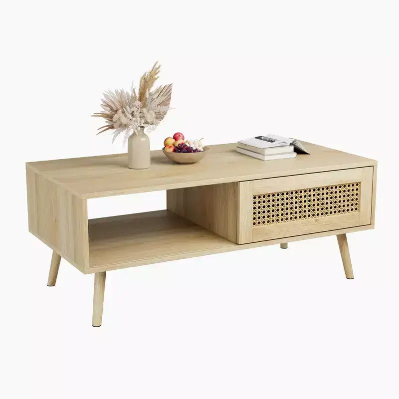Tavolino da caffè in stile Boho beige/nero/bianco con anta scorrevole e ripiano aperto, montaggio da 1 persona