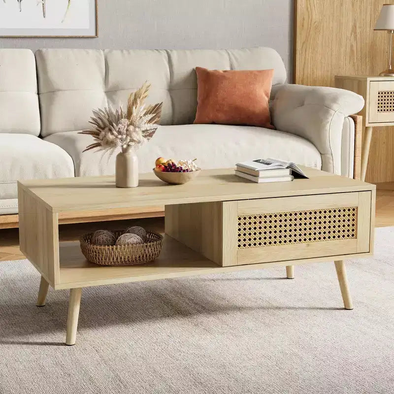 Tavolino da caffè in stile Boho beige/nero/bianco con anta scorrevole e ripiano aperto, montaggio da 1 persona