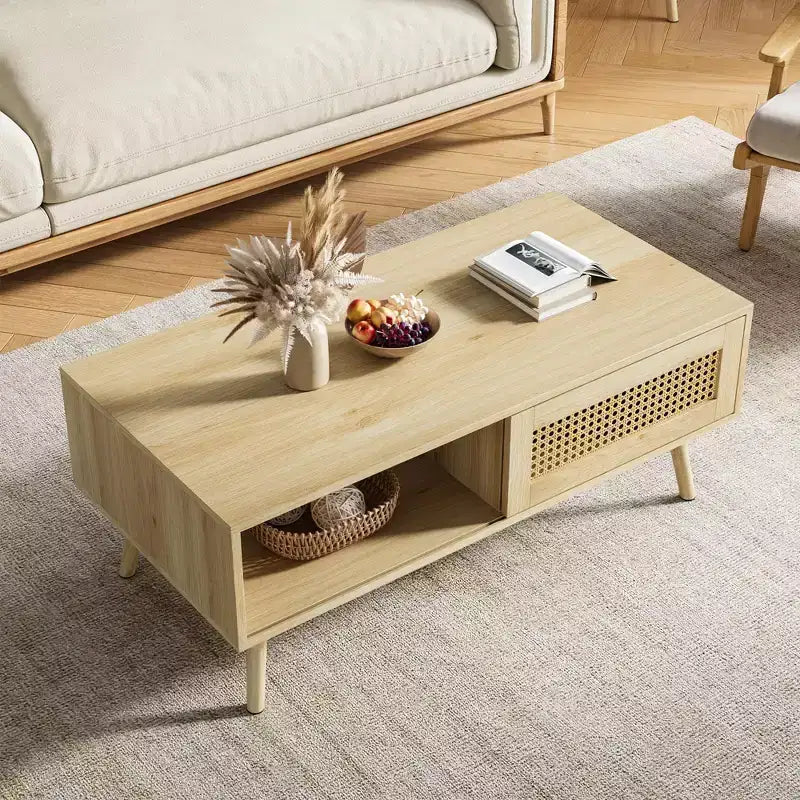 Tavolino da caffè in stile Boho beige/nero/bianco con anta scorrevole e ripiano aperto, montaggio da 1 persona