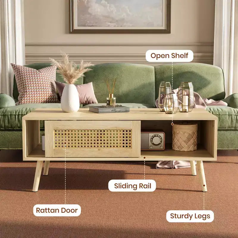 Tavolino da caffè in stile Boho beige/nero/bianco con anta scorrevole e ripiano aperto, montaggio da 1 persona