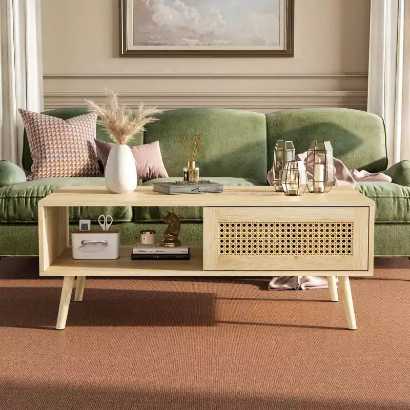 Boho Rattan Coffee Table, 39.4 Modern Coffee Table with Sliding Door and Open Shelf, Waterproof Wooden Living Room Table with Anti-Slip Footpads