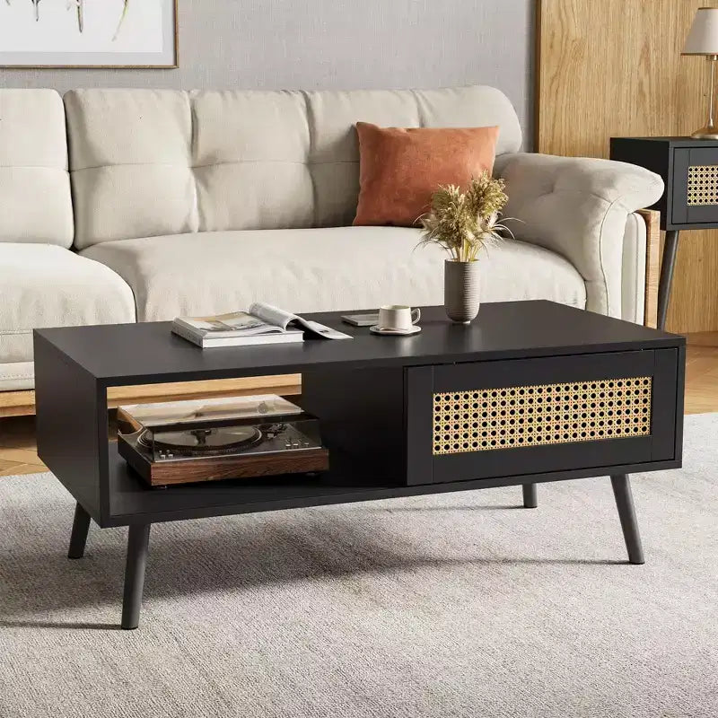 Tavolino da caffè in stile Boho beige/nero/bianco con anta scorrevole e ripiano aperto, montaggio da 1 persona