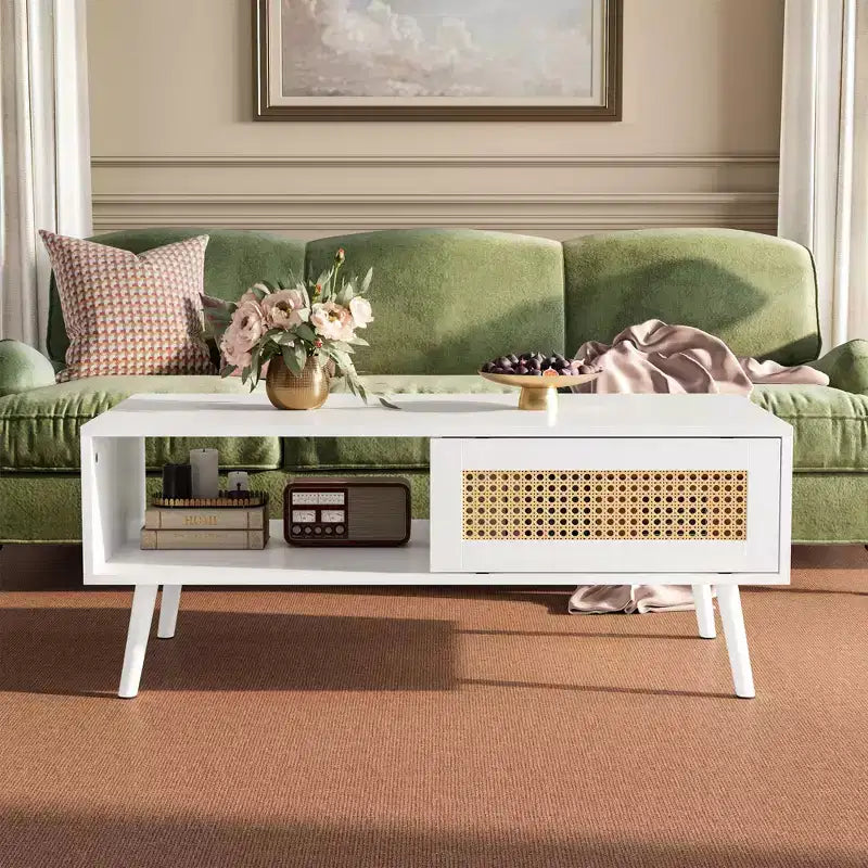 Tavolino da caffè in stile Boho beige/nero/bianco con anta scorrevole e ripiano aperto, montaggio da 1 persona