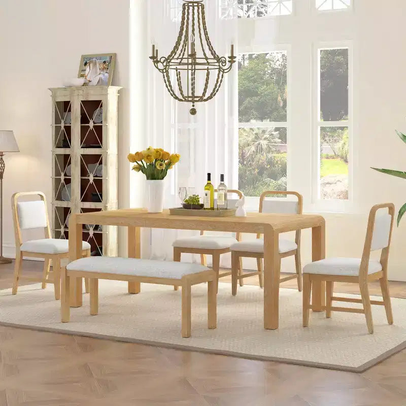 Set Tavolo da Pranzo Allungabile Espresso/Naturale per 6, in Legno di Gomma