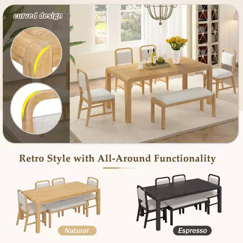 Set Tavolo da Pranzo Allungabile Espresso/Naturale per 6, in Legno di Gomma