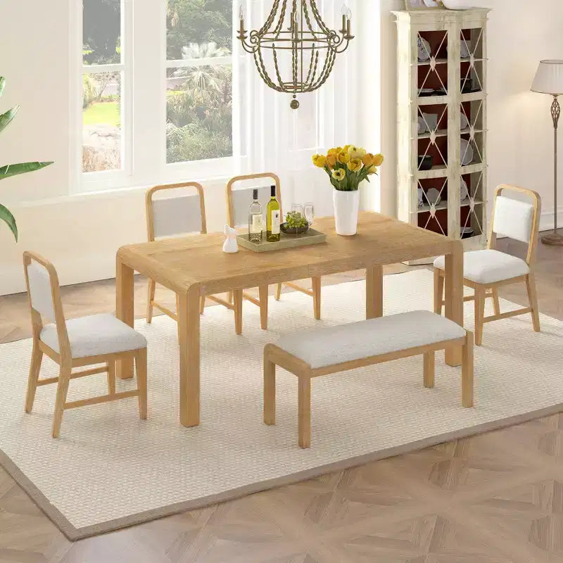 Set Tavolo da Pranzo Allungabile Espresso/Naturale per 6, in Legno di Gomma
