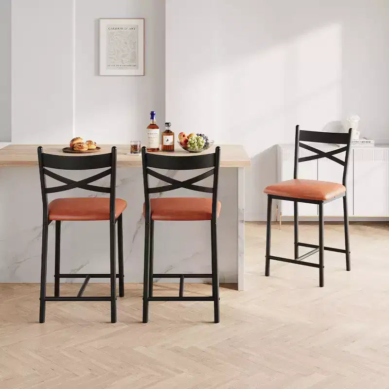 Sgabelli da bar in PU nero/marrone/oro, schienale a X, set da 4