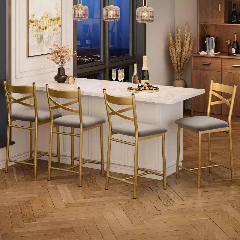 Sgabelli da bar in PU nero/marrone/oro, schienale a X, set da 4
