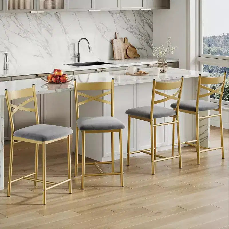 Sgabelli da bar in PU nero/marrone/oro, schienale a X, set da 4