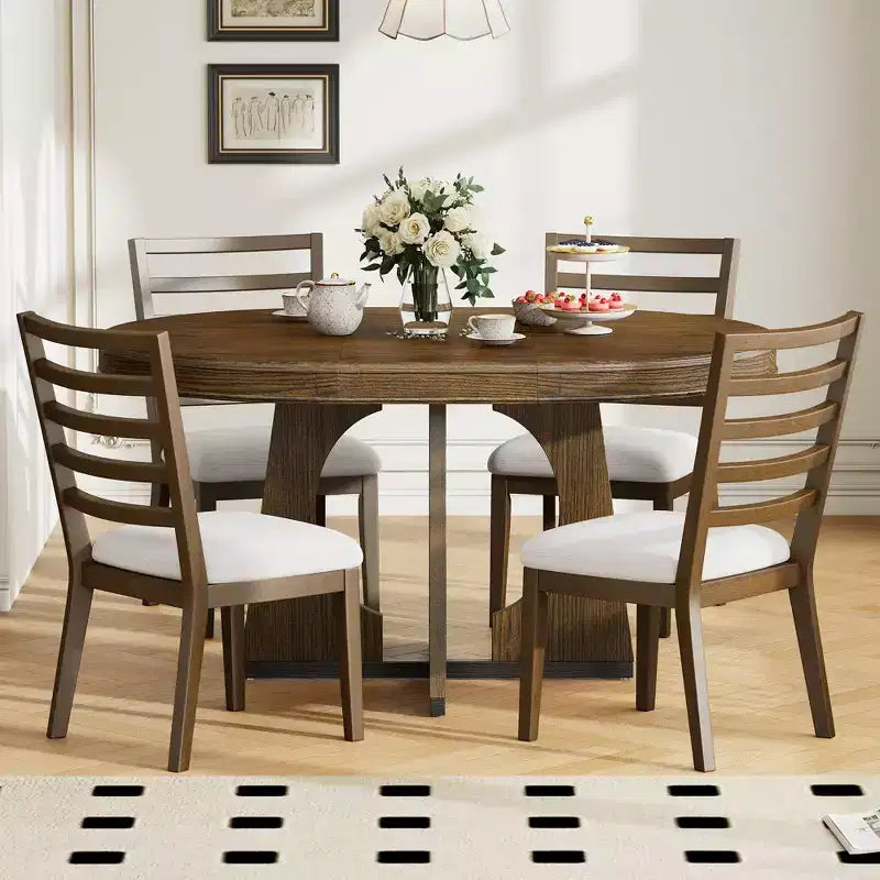 Set da pranzo rotondo allungabile da 5 pezzi, Naturale/Noce, 4 posti a sedere
