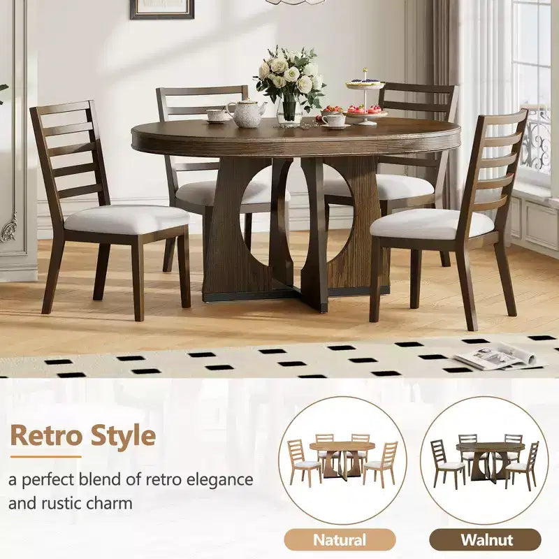 Set da pranzo rotondo allungabile da 5 pezzi, Naturale/Noce, 4 posti a sedere