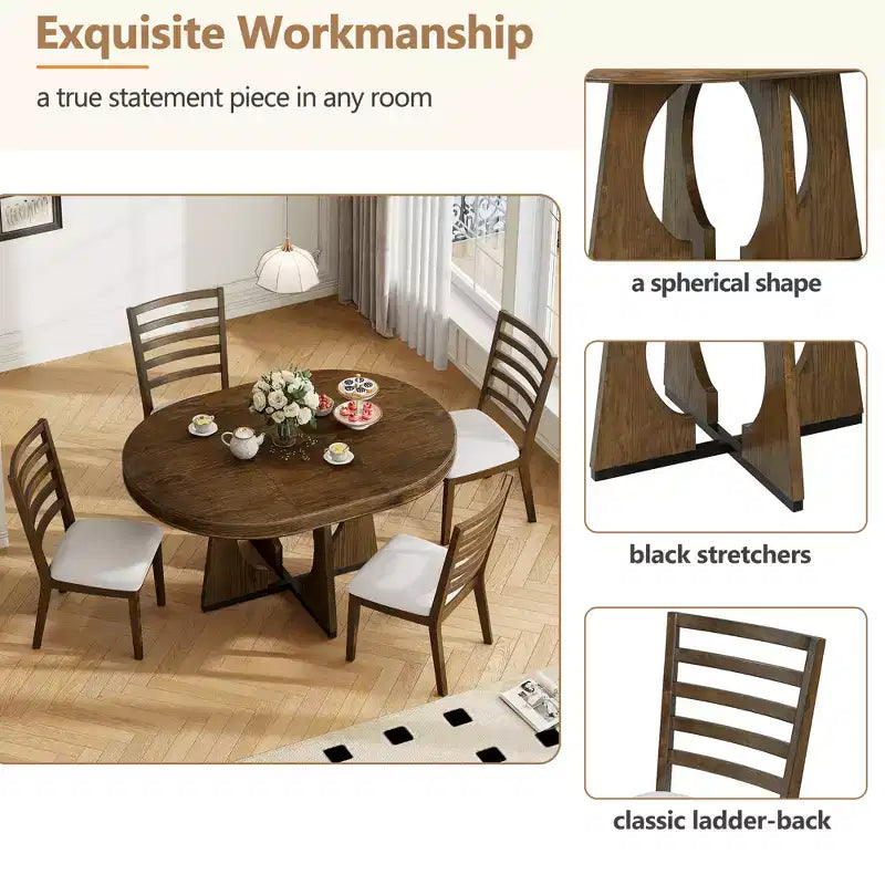 Set da pranzo rotondo allungabile da 5 pezzi, Naturale/Noce, 4 posti a sedere