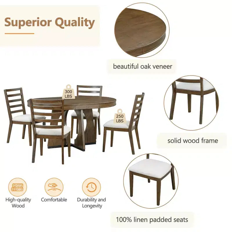 Set da pranzo rotondo allungabile da 5 pezzi, Naturale/Noce, 4 posti a sedere