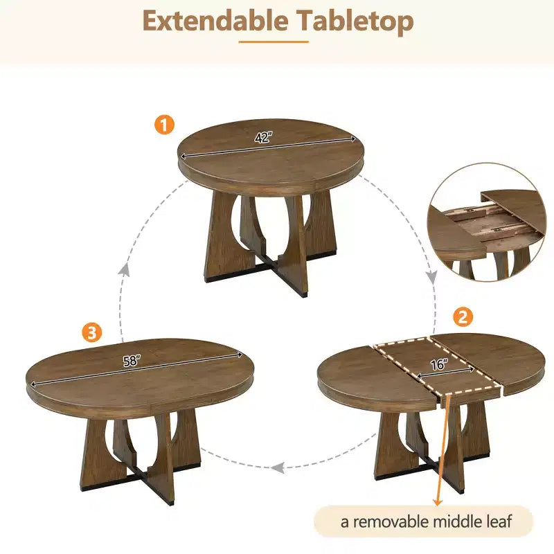 Set da pranzo rotondo allungabile da 5 pezzi, Naturale/Noce, 4 posti a sedere