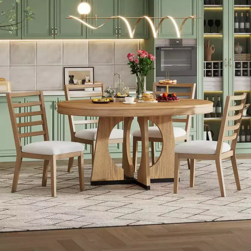 Set da pranzo rotondo allungabile da 5 pezzi, Naturale/Noce, 4 posti a sedere