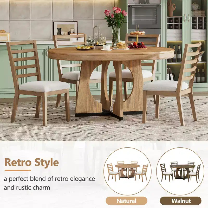 Set da pranzo rotondo allungabile da 5 pezzi, Naturale/Noce, 4 posti a sedere