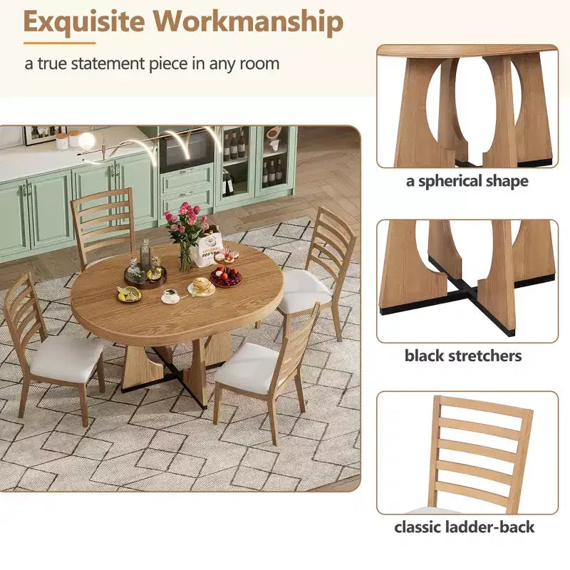Set da pranzo rotondo allungabile da 5 pezzi, Naturale/Noce, 4 posti a sedere