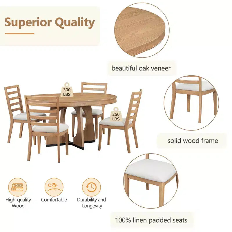 Set da pranzo rotondo allungabile da 5 pezzi, Naturale/Noce, 4 posti a sedere