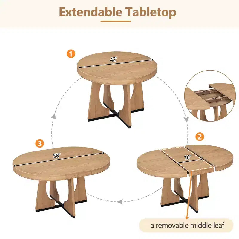 Set da pranzo rotondo allungabile da 5 pezzi, Naturale/Noce, 4 posti a sedere