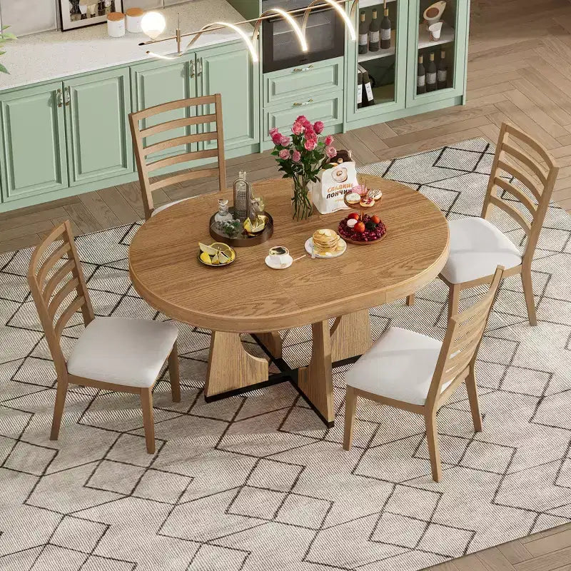 Set da pranzo rotondo allungabile da 5 pezzi, Naturale/Noce, 4 posti a sedere