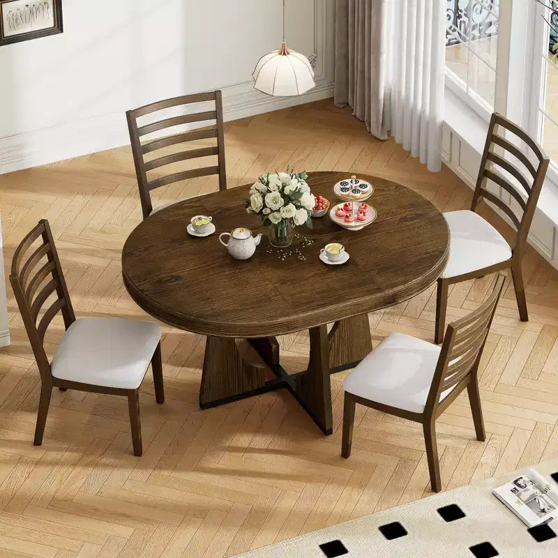 Set da pranzo rotondo allungabile da 5 pezzi, Naturale/Noce, 4 posti a sedere