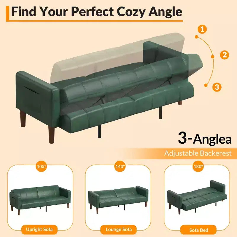 Divano Letto Futon in Similpelle Nera/Verde, Stile Mid-Century, Posti a Sedere/Letto per 1