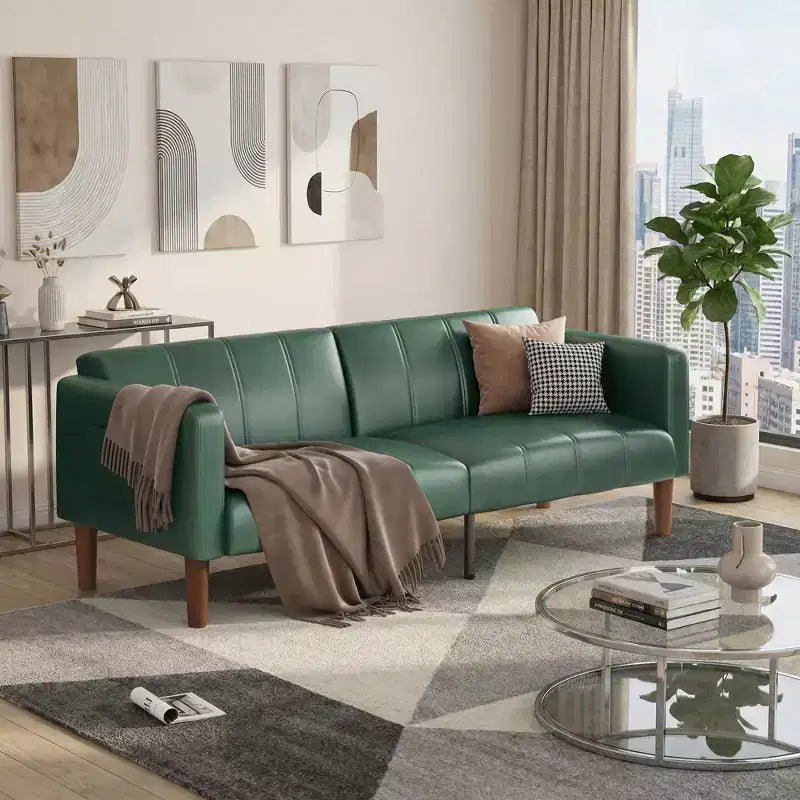 Divano Letto Futon in Similpelle Nera/Verde, Stile Mid-Century, Posti a Sedere/Letto per 1