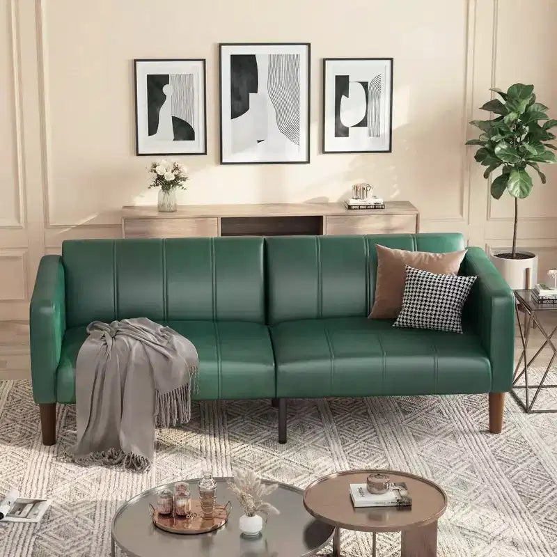 Divano Letto Futon in Similpelle Nera/Verde, Stile Mid-Century, Posti a Sedere/Letto per 1