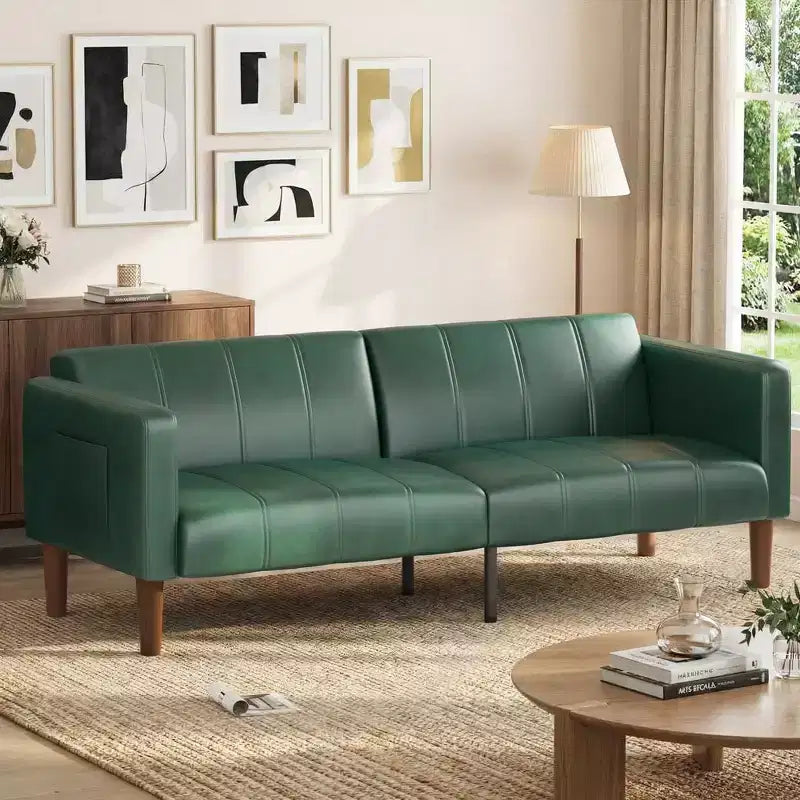 Divano Letto Futon in Similpelle Nera/Verde, Stile Mid-Century, Posti a Sedere/Letto per 1