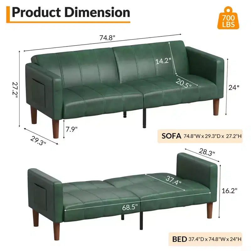 Divano Letto Futon in Similpelle Nera/Verde, Stile Mid-Century, Posti a Sedere/Letto per 1