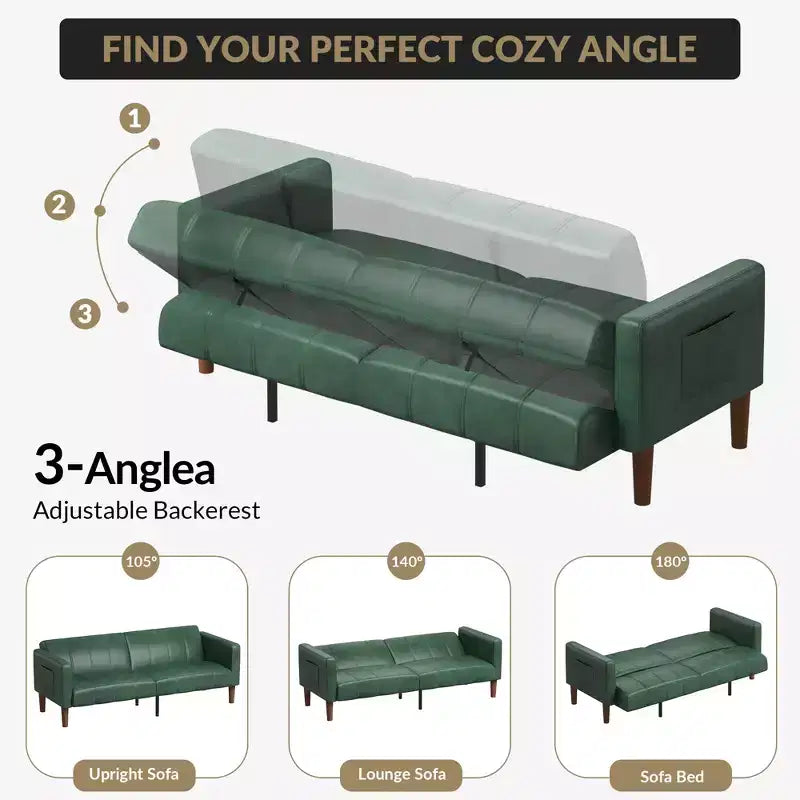 Divano Letto Futon in Similpelle Nera/Verde, Stile Mid-Century, Posti a Sedere/Letto per 1