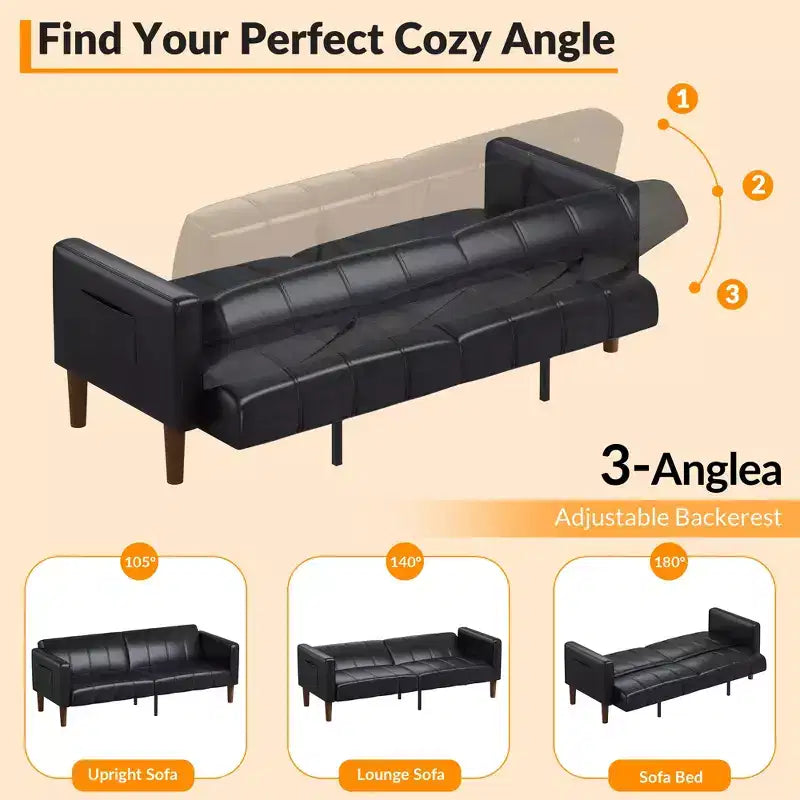 Divano Letto Futon in Similpelle Nera/Verde, Stile Mid-Century, Posti a Sedere/Letto per 1
