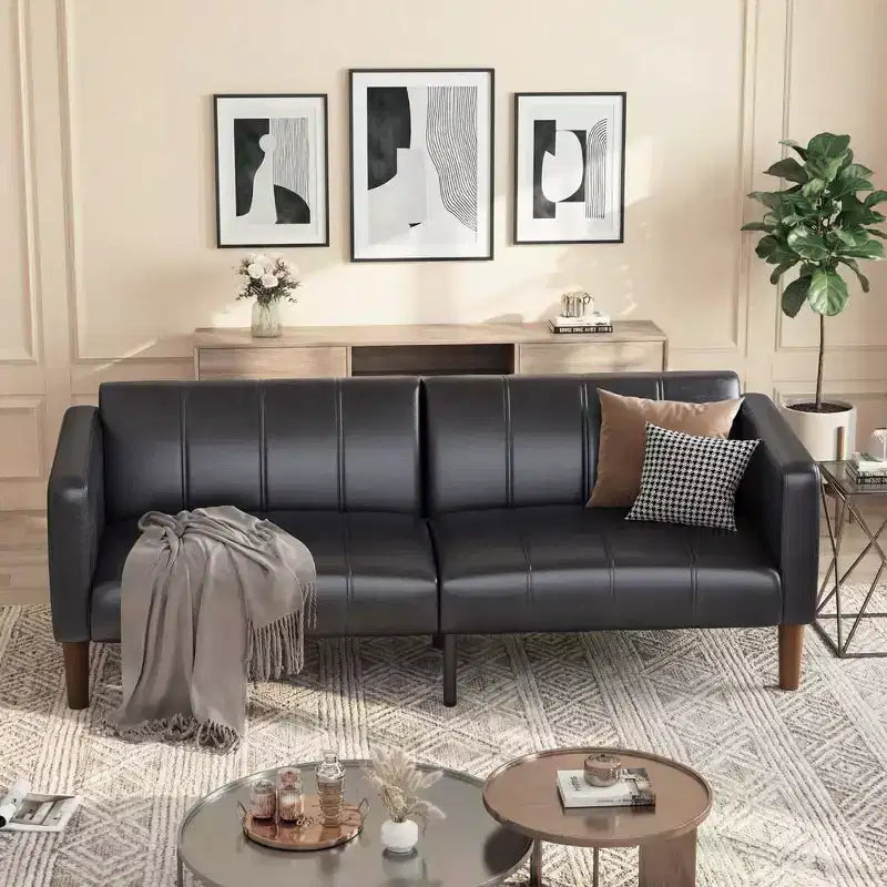 Divano Letto Futon in Similpelle Nera/Verde, Stile Mid-Century, Posti a Sedere/Letto per 1
