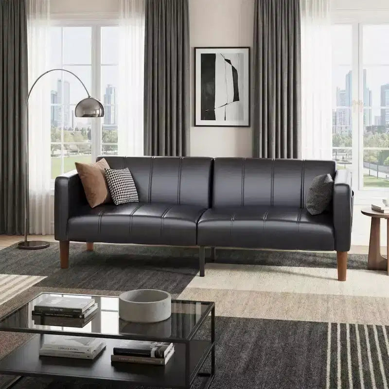 Divano Letto Futon in Similpelle Nera/Verde, Stile Mid-Century, Posti a Sedere/Letto per 1