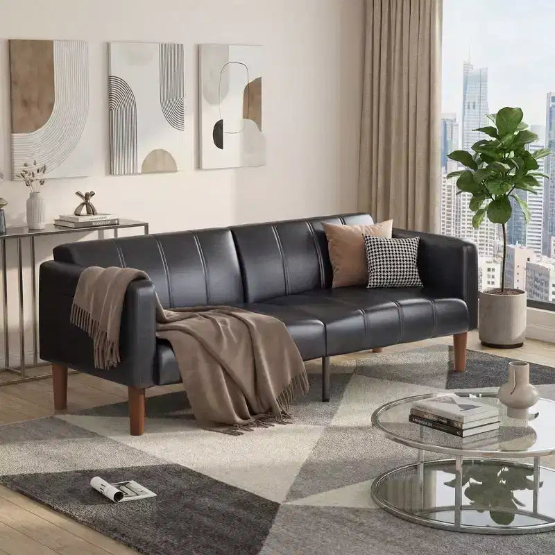 Divano Letto Futon in Similpelle Nera/Verde, Stile Mid-Century, Posti a Sedere/Letto per 1
