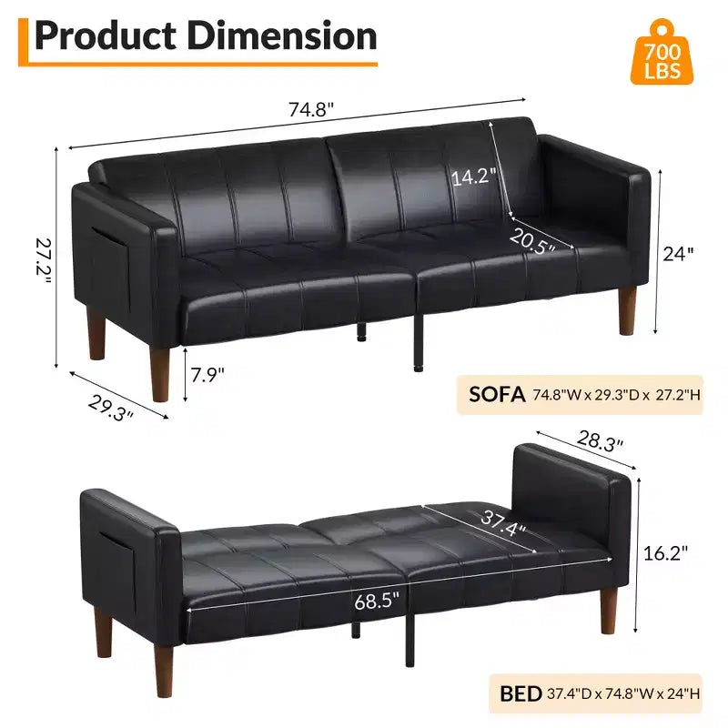Divano Letto Futon in Similpelle Nera/Verde, Stile Mid-Century, Posti a Sedere/Letto per 1