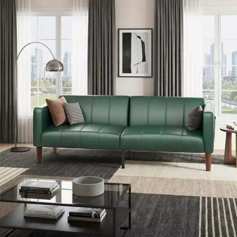 Divano Letto Futon in Similpelle Nera/Verde, Stile Mid-Century, Posti a Sedere/Letto per 1