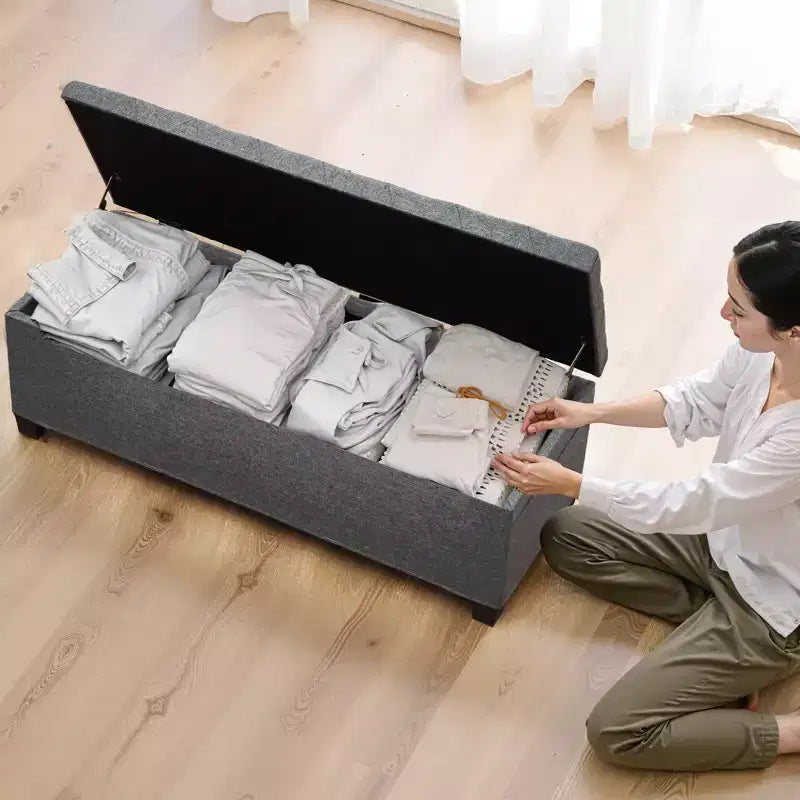 Panca pouf contenitore imbottita capitonné grigia, posto singolo