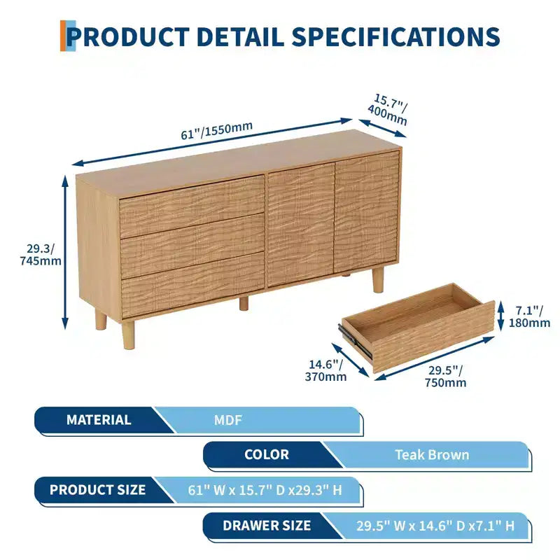 Credenza/Buffet in teak marrone stile Mid-Century | 3 Cassetti e 2 Ante | 155 cm